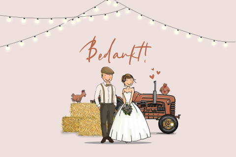 Bedankkaart bruidspaar tractor met hooibalen en lichtjes