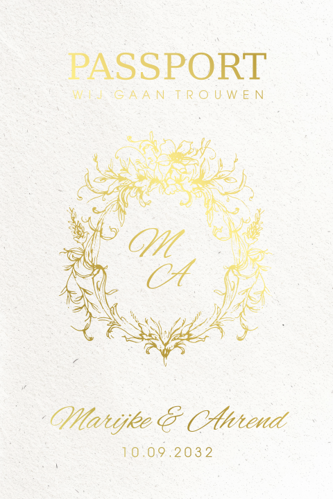 Trouwkaart dubbel staand met passport frame goudfolie