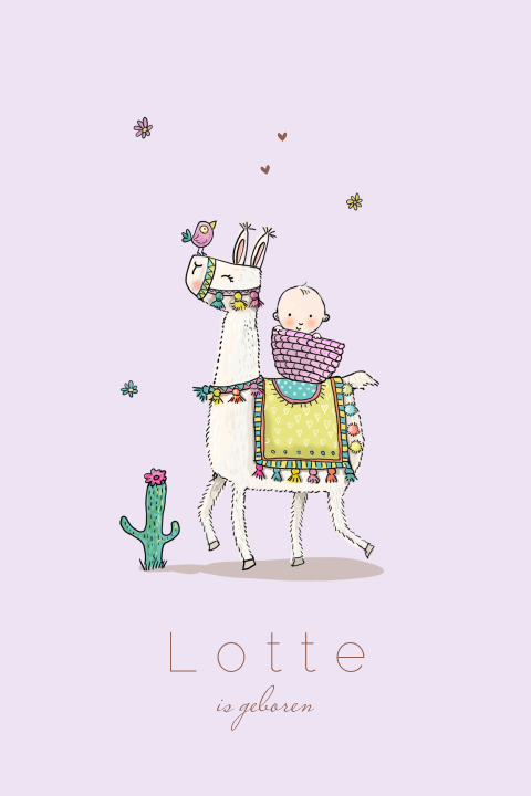 Geboortekaart enkel meisje lama met vogeltje getekend