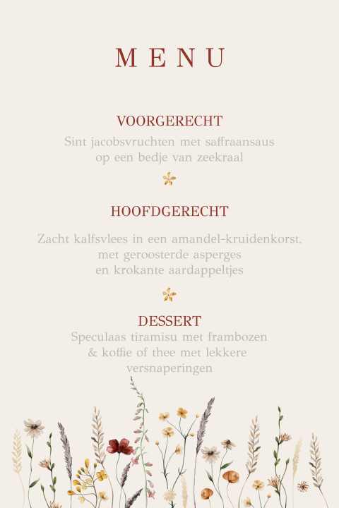 Menukaart veldbloemen met teksten en bloem