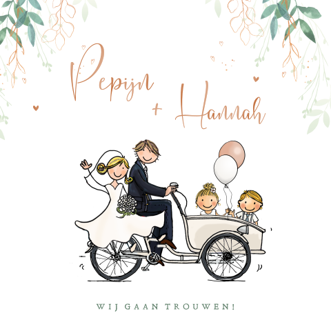 Trouwkaart bruidspaar bakfiets kinderen ballonnen