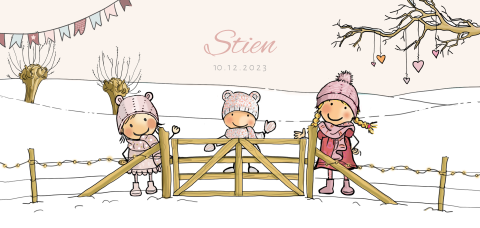 Geboortekaartje meisje winter met zusjes en hekje