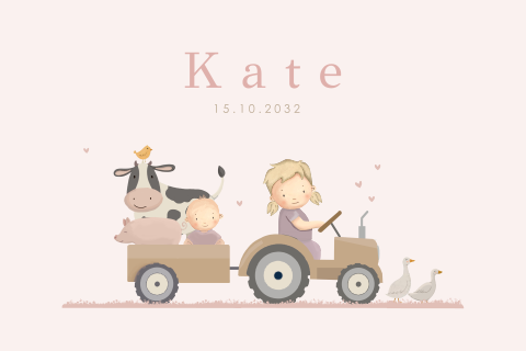 Geboortekaartje meisje met zus en tractor