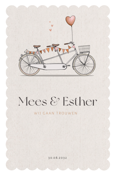 Trouwkaart tandem beige met ballon en vlaggetjes