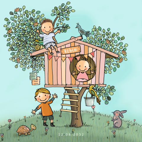 Geboortekaartjes meisje met broertjes boomhut met vogels