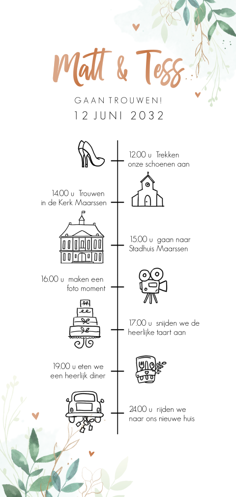 Staande trouwkaart tijdlijn staand met illustraties koperfolie