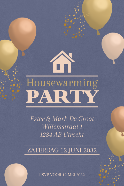 Uitnodiging housewarming ballonnen met huisje en glitters