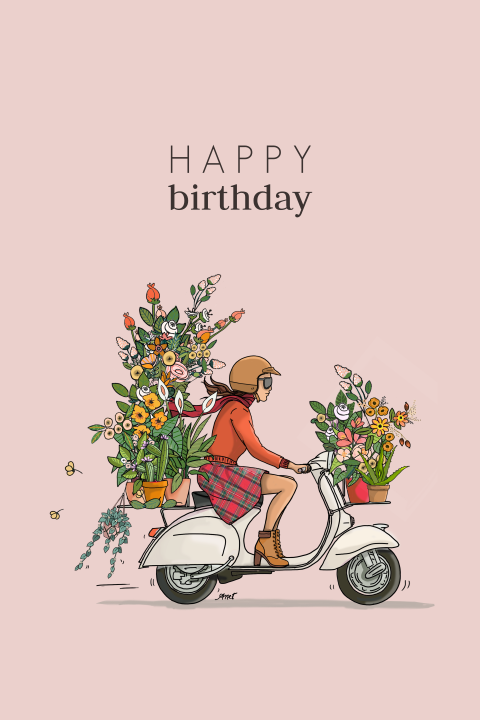 Wenskaart meisje Vespa scooter met bloemen
