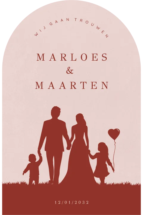 Trouwkaart arc vorm met silhouet bruidspaar en kinderen