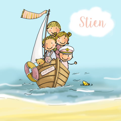 geboortekaartje meisje met zus broertjes bootje zee