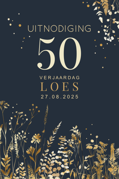 Uitnodiging goudlook takjes en bloemen met teksten
