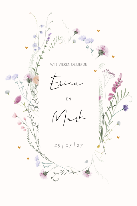 Trouwkaart dubbel veldbloemen in zachte tinten