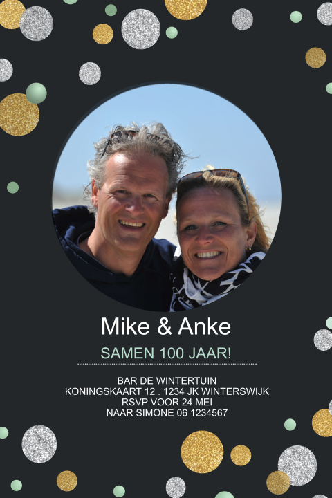 Uitnodiging feest 100 jaar samen glitterlook zilver goud