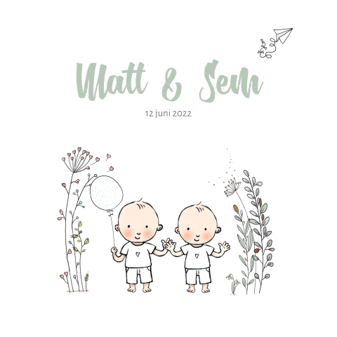 Geboortekaartje tweeling jongen met takjes