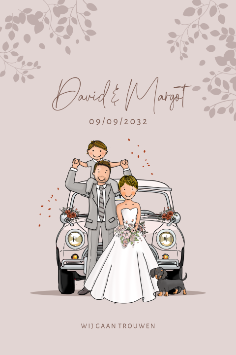 Trouwkaart bruidspaar met mini wit en landschap