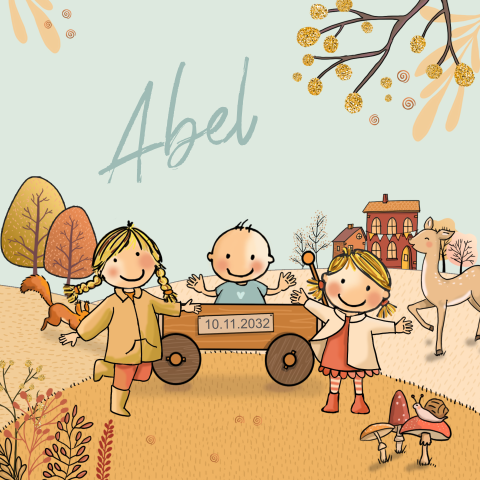 Geboortekaartje jongen zusjes herfst ree eekhoorn egel