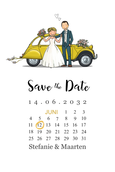 Save the date kaart Citroen eend met bruidspaar