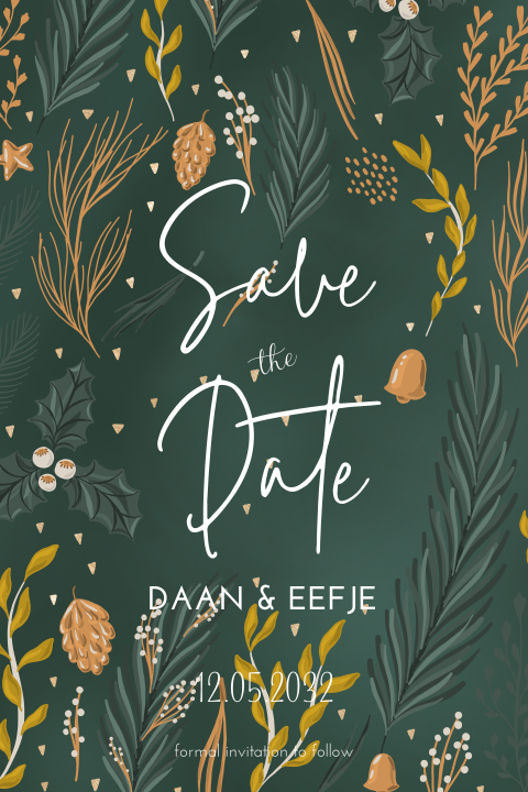 Save the date kerstkaart met takjes en hartjes