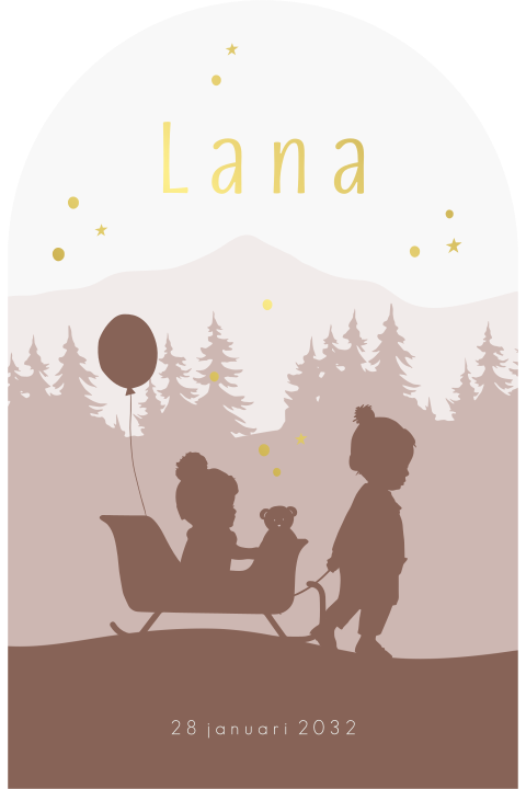 Boogvorm geboortekaartje meisje winter slee