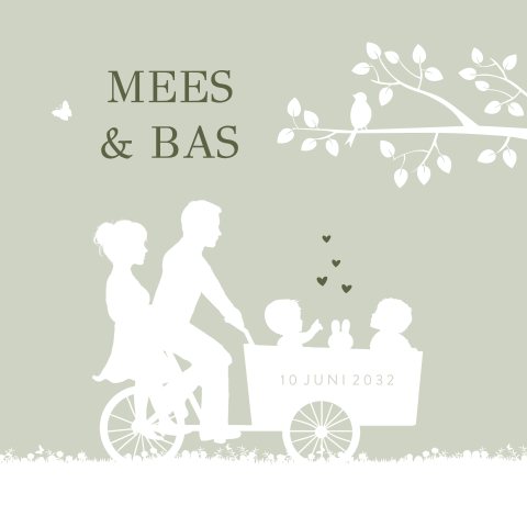 Geboortekaartje tweeling jongens met ouders in bakfiets