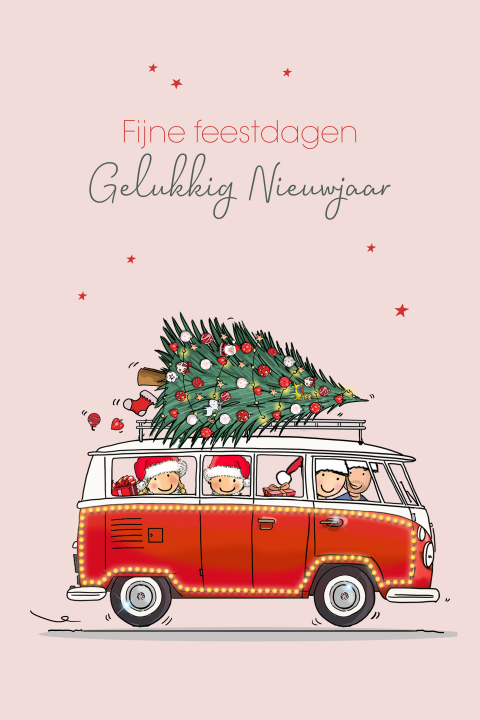 Kerstkaart vwbusje rood met familie met kerstmuts