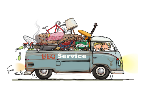 Uitnodiging barbecue vwbusje ratroof met meubels