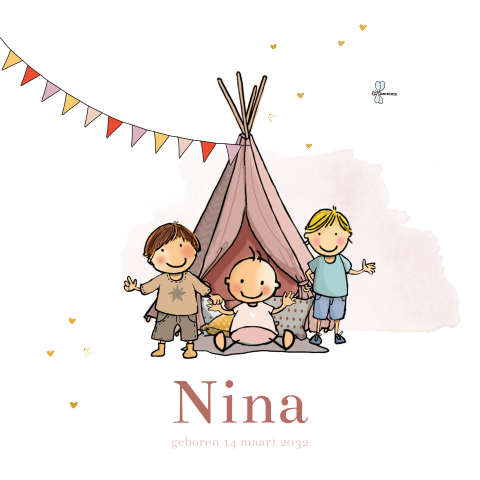 Geboortekaartje meisje en broertjes tipi tent warmroze met vlaggetjes