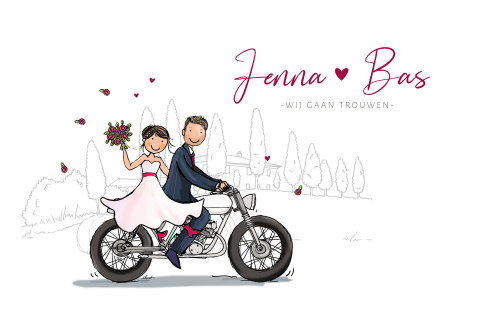 Trouwkaart motor bruidspaar met bloemen