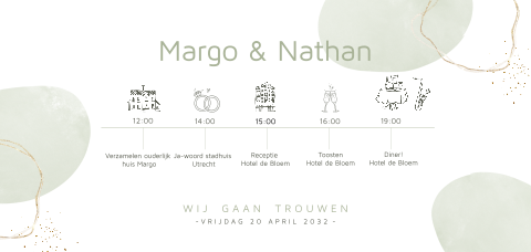 Trouwkaart tijdlijn met ovale vlakken en illustraties