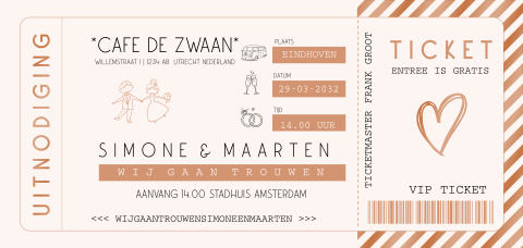 Uitnodiging trouwticket koperfolie met teksten