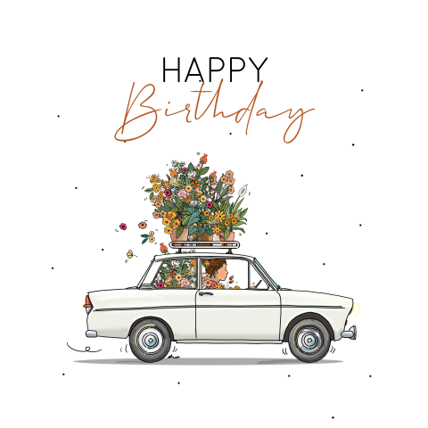 Verjaardagskaart auto daf met bloemen
