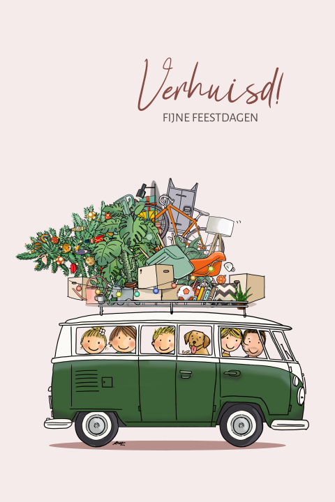 Verhuiskerstkaart auto volkswagen t1 groen familie