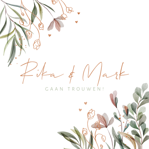 Trouwkaart prachtige bloemen en takjes koperfolie