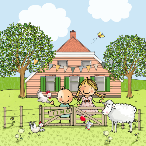 Geboortekaartje jongentje boerderij schaap kippen zusje