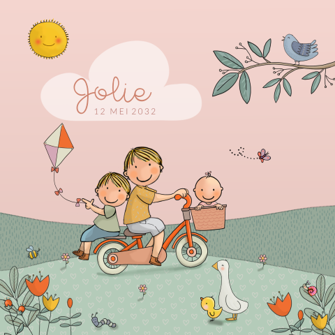 Geboortekaartje lente broer zusje met bakfiets meisje