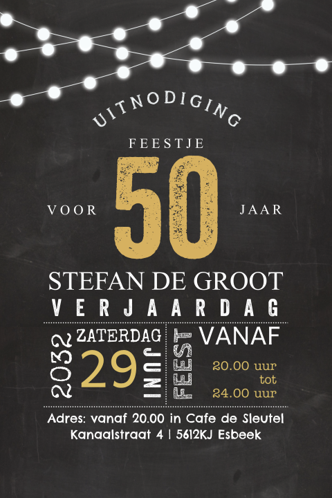 Uitnodiging lampjes op donkere achtergond met goudlook