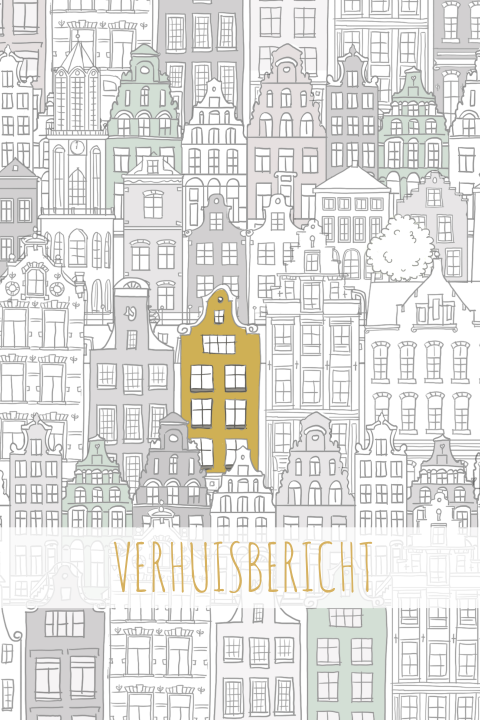 Verhuiskaart huisjes in pentekening en goudlook kleur