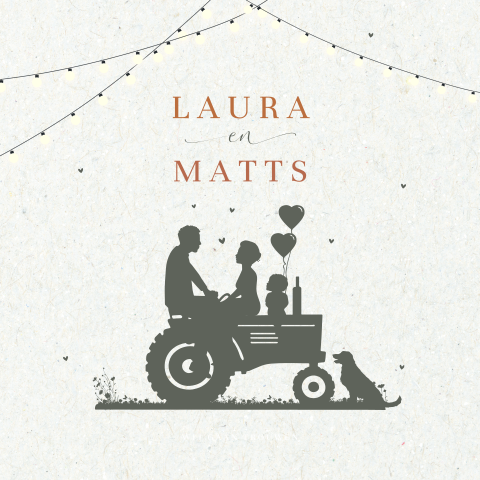 Trouwkaart silhouette tractor met bruidspaar en kind