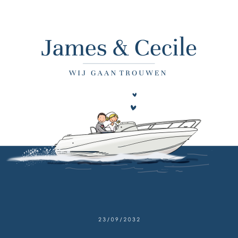 Trouwkaart speedboot met bruidspaar