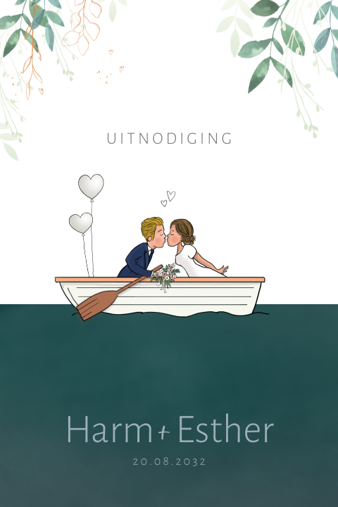 Trouwkaart wit roeibootje met bruidspaar