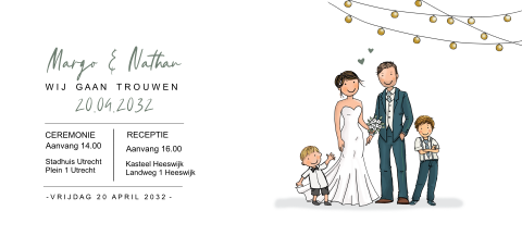 Trouwkaart enkel bruidspaar kinderen en teksten