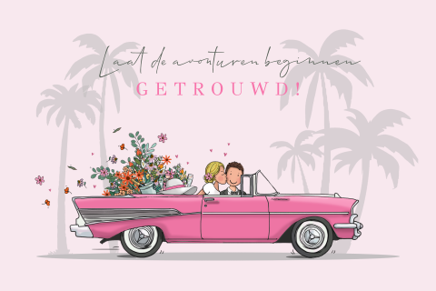 Felicitatiekaart Chevrolet bell air roze met palmbomen