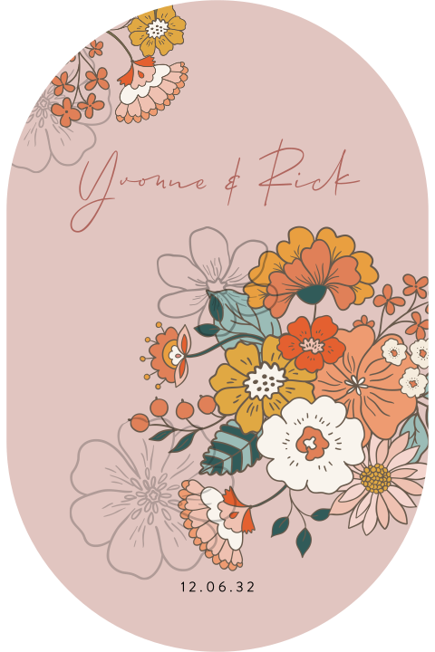 Trouwkaart vorm lijntekening retro bloemen