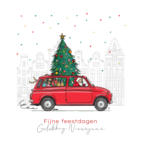 Kerstkaart Fiat 500 rood bestel met kerstboom