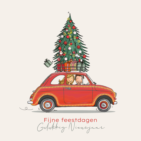 Kerstkaart Fiat 500 rood met lichtjes