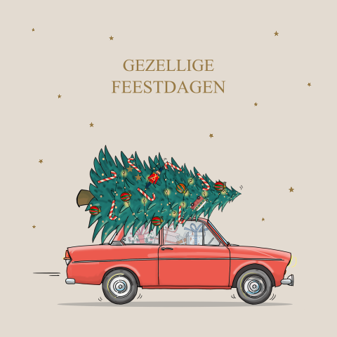 Kerstkaart rode auto Daf met kerstboom