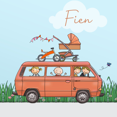 Geboortekaartje meisje volkswagen t3 rood met zusje
