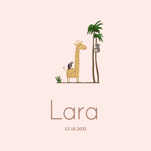 geboortekaartje meisje getekend giraf vogel