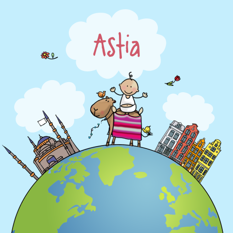 Geboortekaartje meisje wereldbol met moskee en stadje