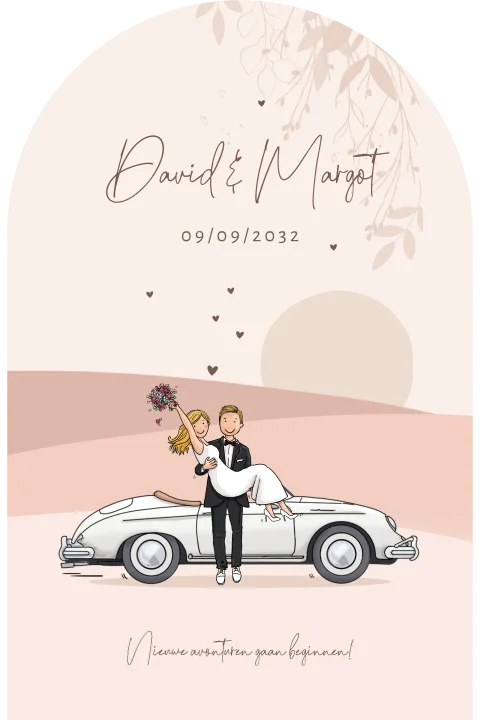 Trouwkaart bruidspaar met sportwagen wit met landschap